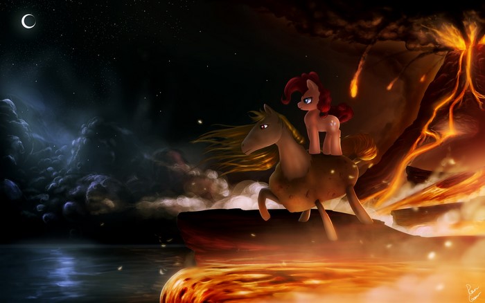 Pinkie Pie from My Little Pony on a horse near a volcano