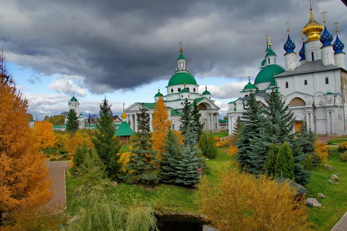 Monastery in Russia during Autumn with golden trees