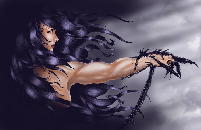 Woman with long dark hair and monstrous arm