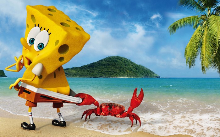 SpongeBob SquarePants and a crab on a beach