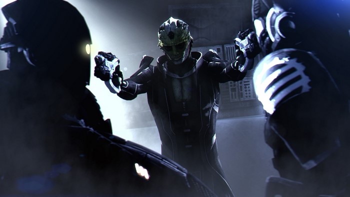 Thane Krios from Mass Effect with two soldiers