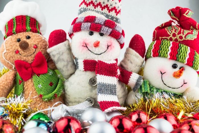 Three Christmas Snowmen and Gingerbread Man with Ornaments