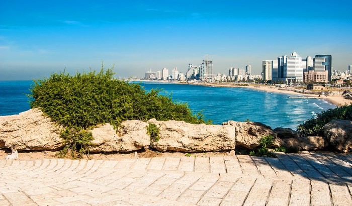 Tel Aviv skyline and coastline from a rocky viewpoint
