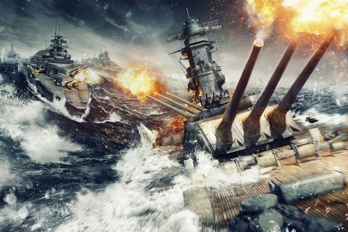 World of Warships: Battleships firing cannons in stormy seas