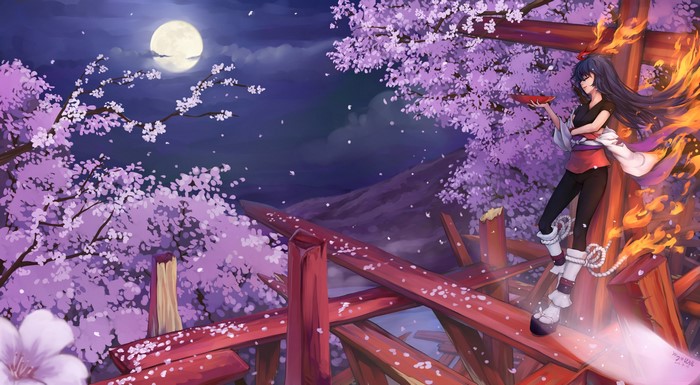 Girl with fire wings under Sakura trees and moon