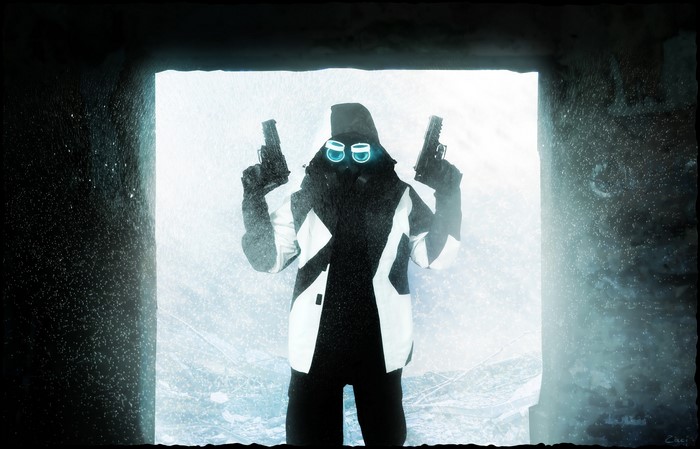 Character with gas mask and pistols in Romantically Apocalyptic