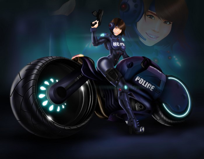 Woman in police uniform on a futuristic motorcycle