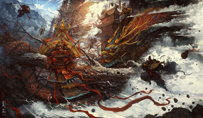 Warriors Battle a Dragon Near Mountain Temples