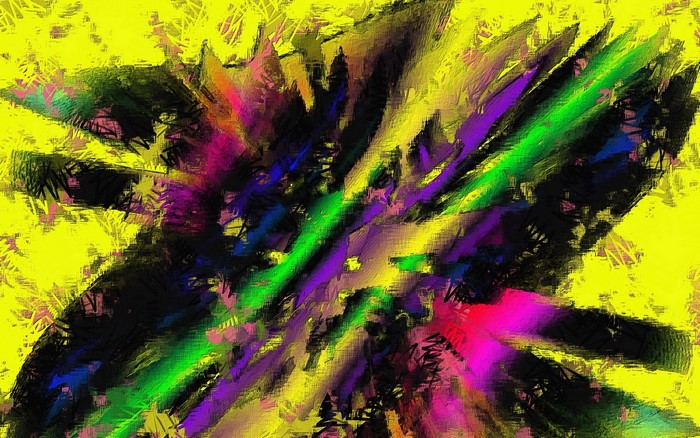 Abstract painting with yellow background and colorful streaks