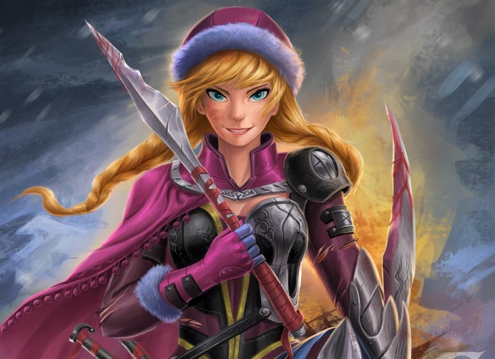 Anna from Frozen with a spear and cloak