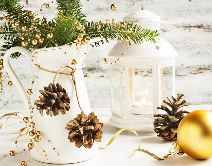 Christmas Decorations with Pine Cones and Lantern