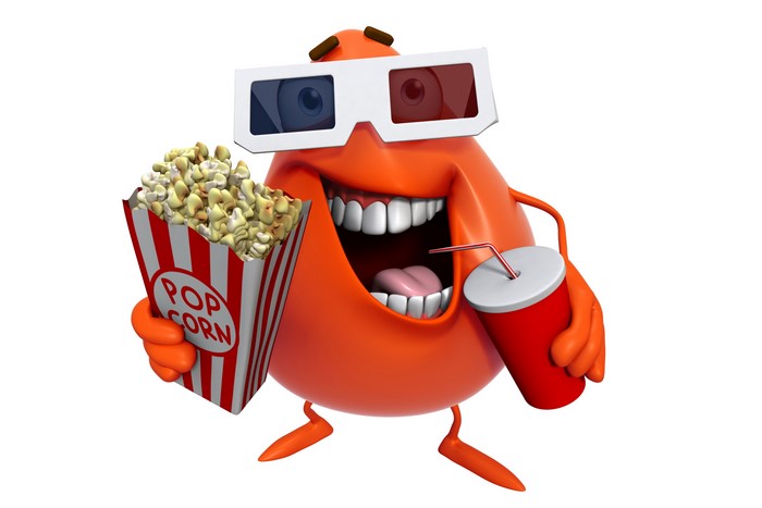 Orange monster with 3D glasses eating popcorn