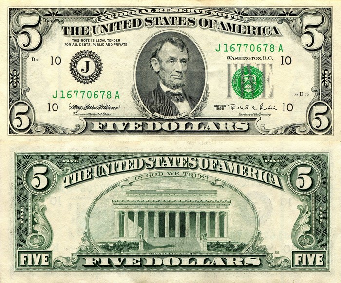 United States Five Dollar Bill Front and Back
