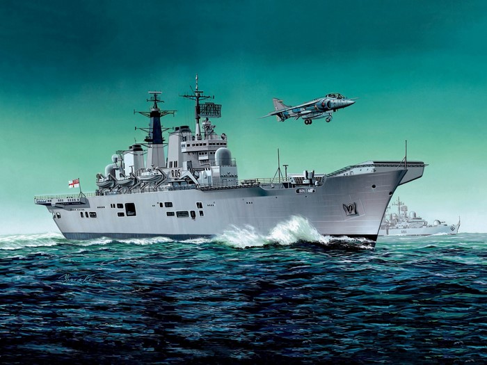 HMS Invincible aircraft carrier with Harrier jet