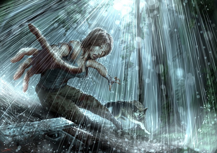 Lara Croft from Tomb Raider in the rain