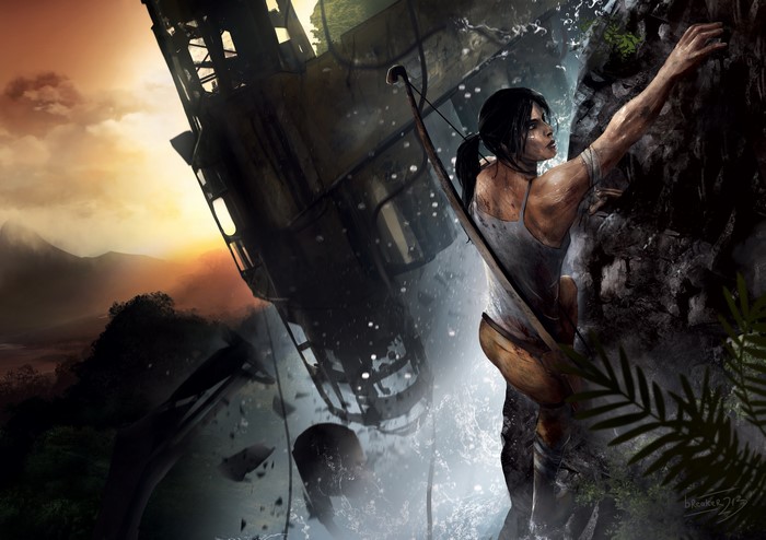 Lara Croft from Tomb Raider 2013 climbing a cliff