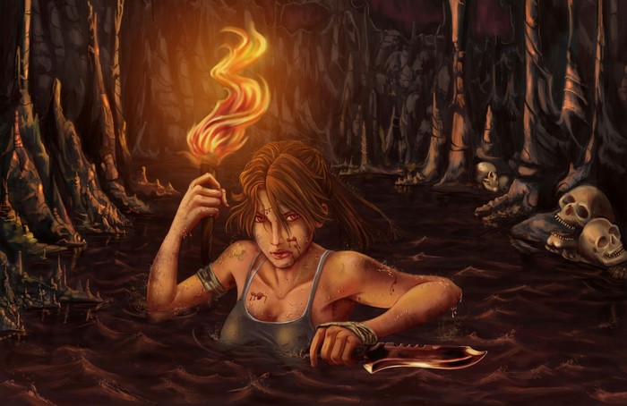 Lara Croft from Tomb Raider holding a torch in a cave