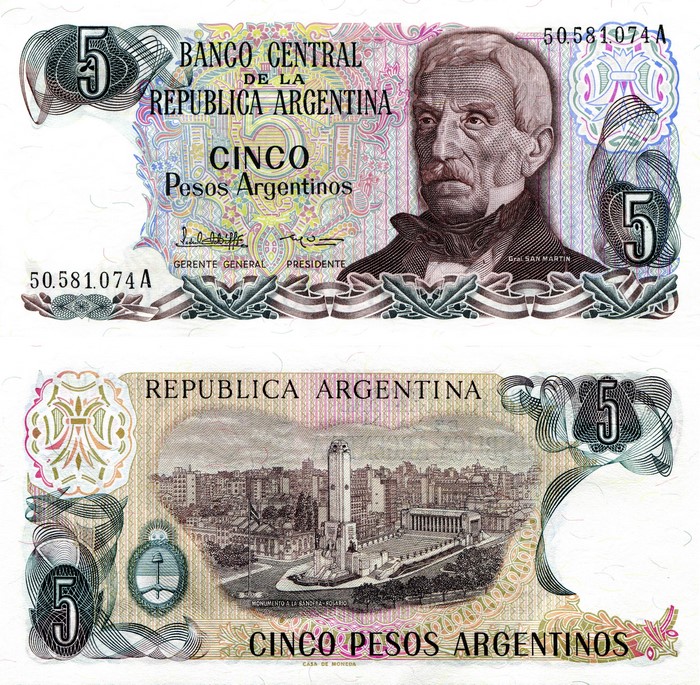 5 Pesos Argentinos Banknote featuring General San Martin