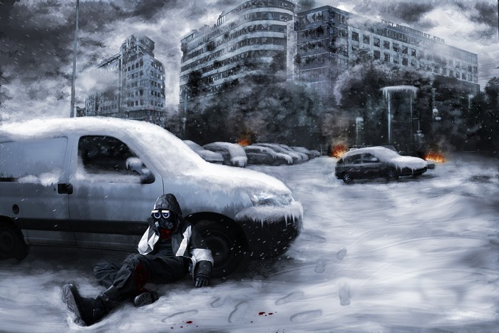 Post-apocalyptic survivor in a snowy city