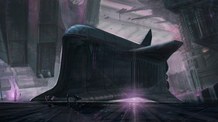 Sci-fi hangar with large spaceship and figures