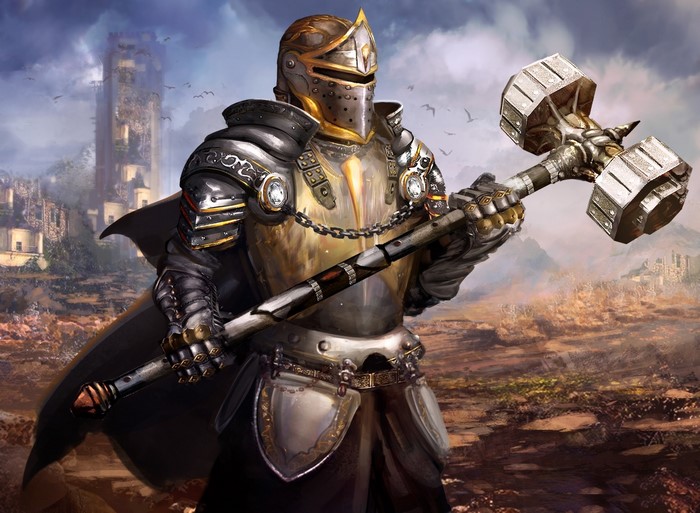Knight with War Hammer in Ruined Landscape