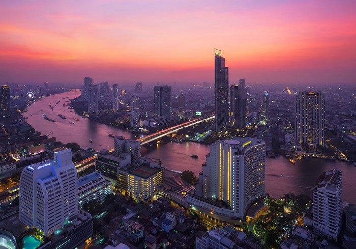 Bangkok cityscape with Chao Phraya River at sunset