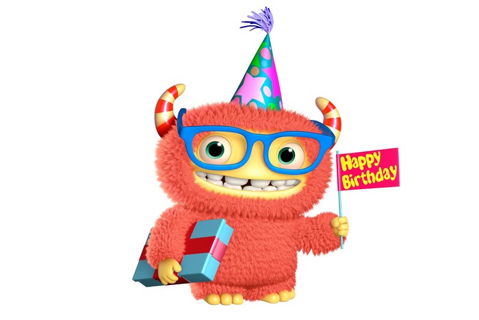 Furry Monster with Birthday Hat and Gift