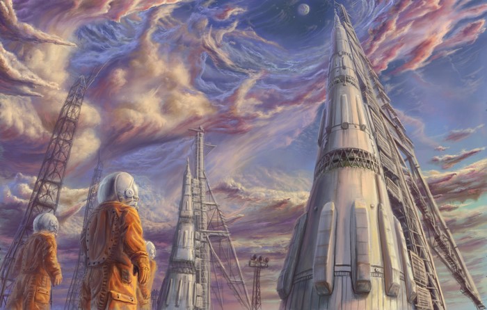 Cosmonauts at a Rocket Launch Site Under a Dramatic Sky