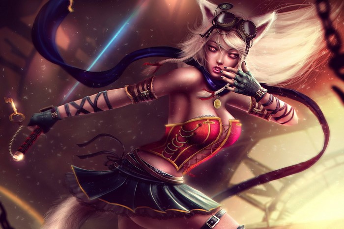 Steampunk fox-eared woman with goggles and skirt