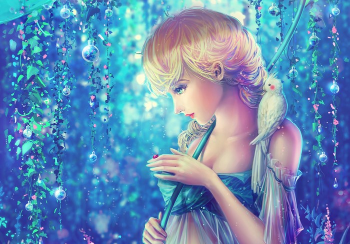 Painting of a blonde girl with a parrot
