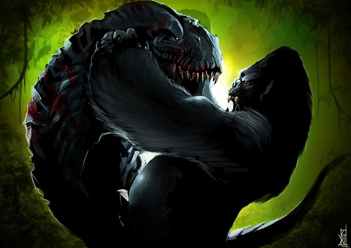 King Kong fighting a Tyrannosaurus Rex in a jungle