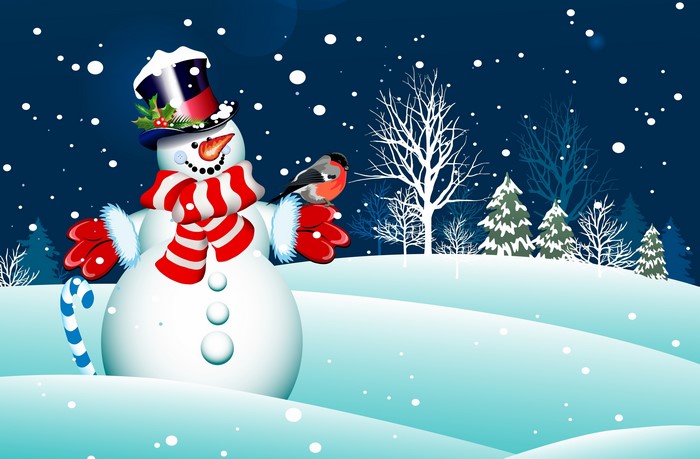Snowman with bird and candy cane in winter