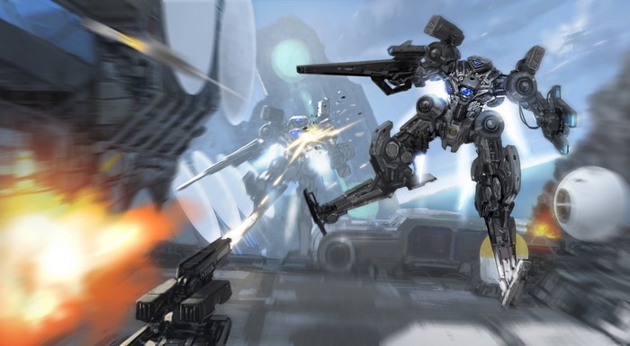 Mechs in Combat with Explosions and Lasers