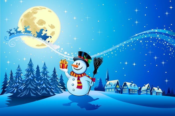 Christmas Snowman with Gift and Santa in Moonlit Sky