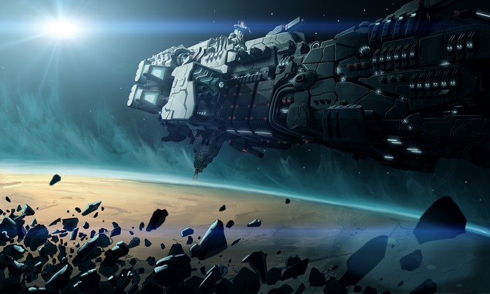 Massive spaceship in orbit above a planet with asteroids