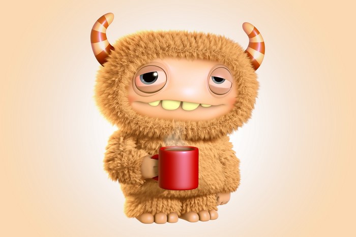 Furry monster holding a mug