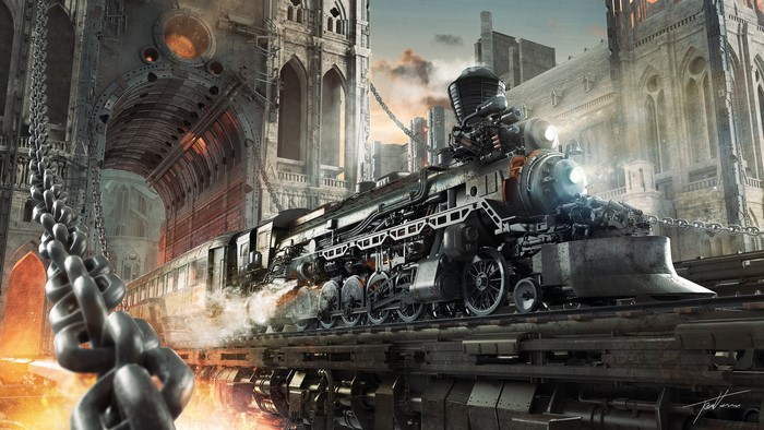 Steampunk train in a fantasy world with chains