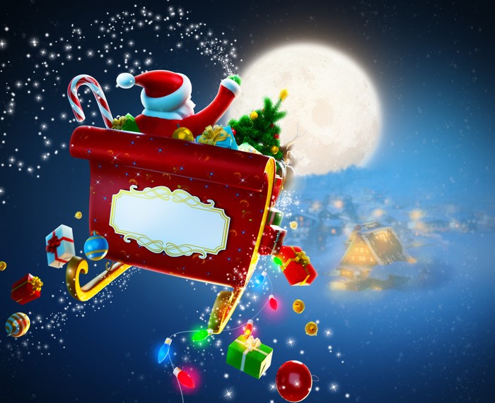 Santa Claus in Sleigh with Gifts and Moon