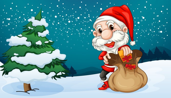 Santa Claus with Gifts and Christmas Tree