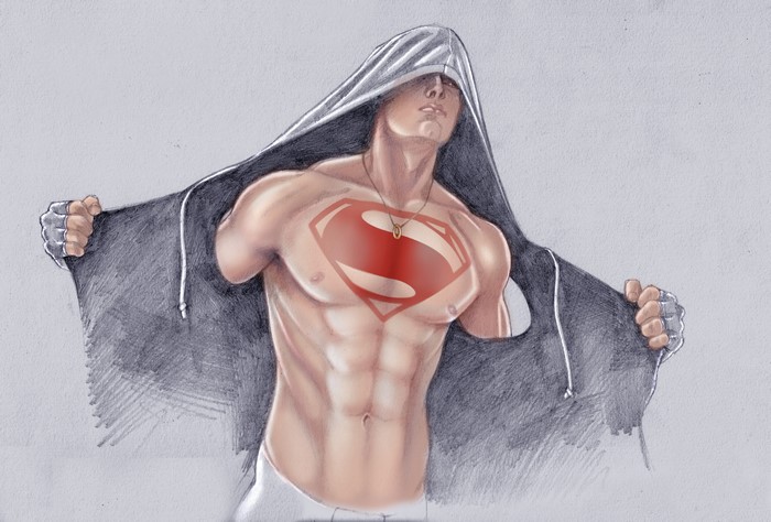 Superman from DC Comics revealing his symbol