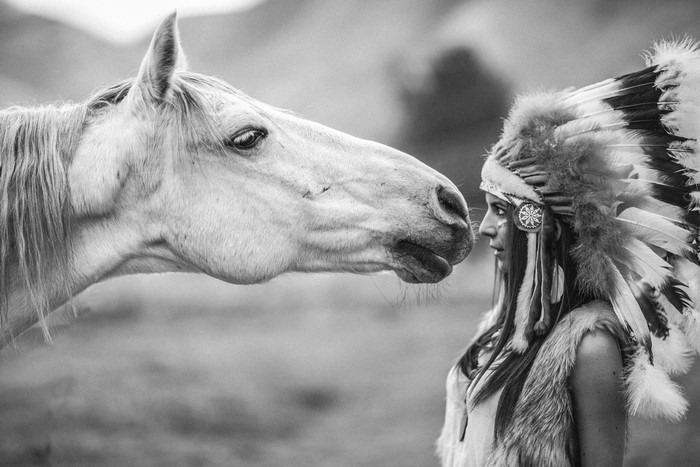 Woman in Native American Headdress with Horse