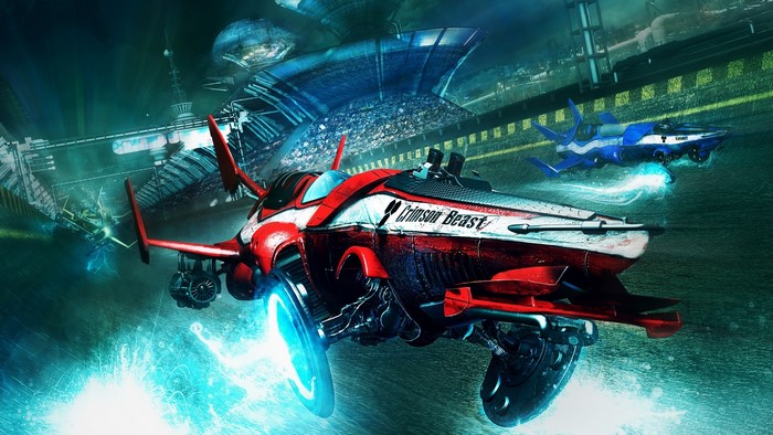 Crimson Beast and blue racer flying in a futuristic stadium