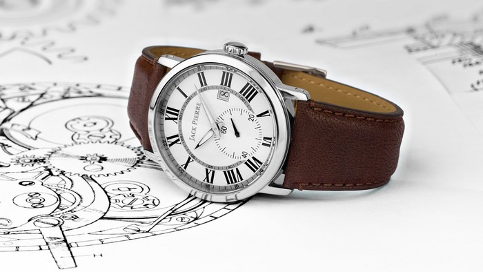 Jack Pierre watch with Roman numerals on blueprint
