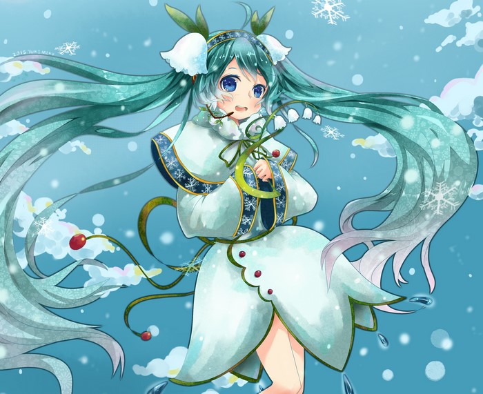 Hatsune Miku in winter outfit with lily of the valley