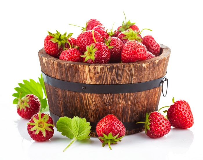 Strawberries in a wooden bucket