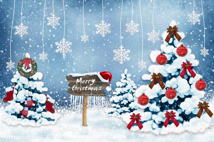 Christmas scene with decorated trees and snowflakes
