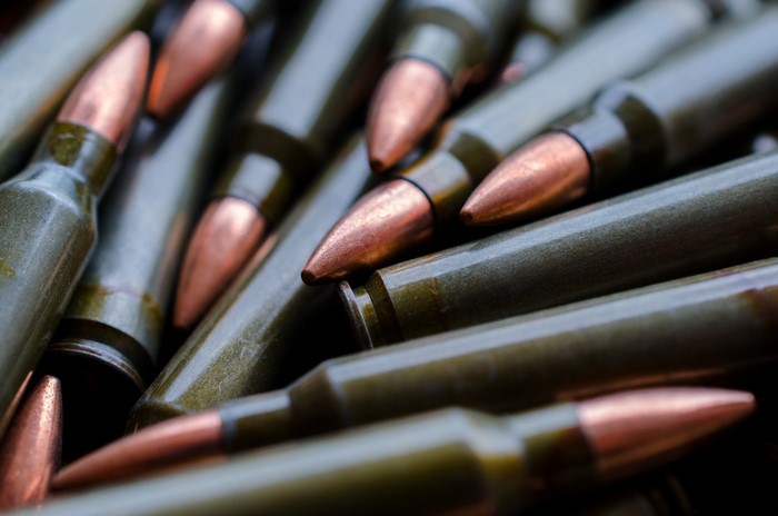 Close-up of many rifle cartridges