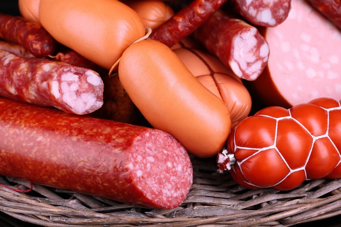 Assortment of sausages in a basket