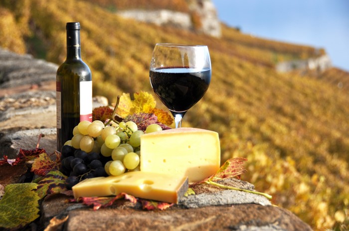 Bottle of wine, glass of wine, cheese, and grapes on stone wall