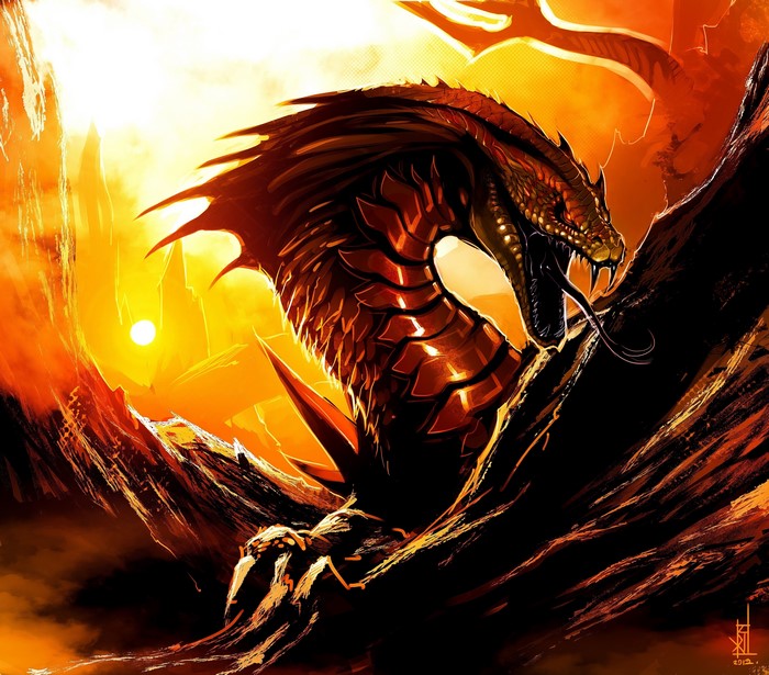 A fearsome dragon in a fiery, mountainous landscape